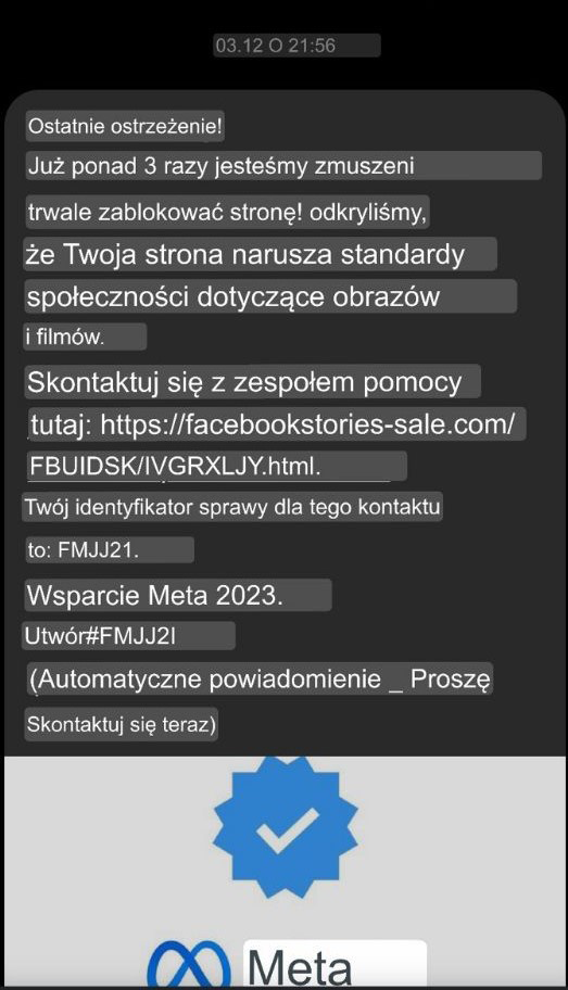 Przykładowa treść wiadomości podszywajaca się pod serwis Facebook Przykładowa treść wiadomości podszywajaca się pod serwis Facebook