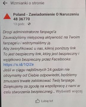 Przykładowa treść wiadomości podszywajaca się pod serwis Facebook Przykładowa treść wiadomości podszywajaca się pod serwis Facebook